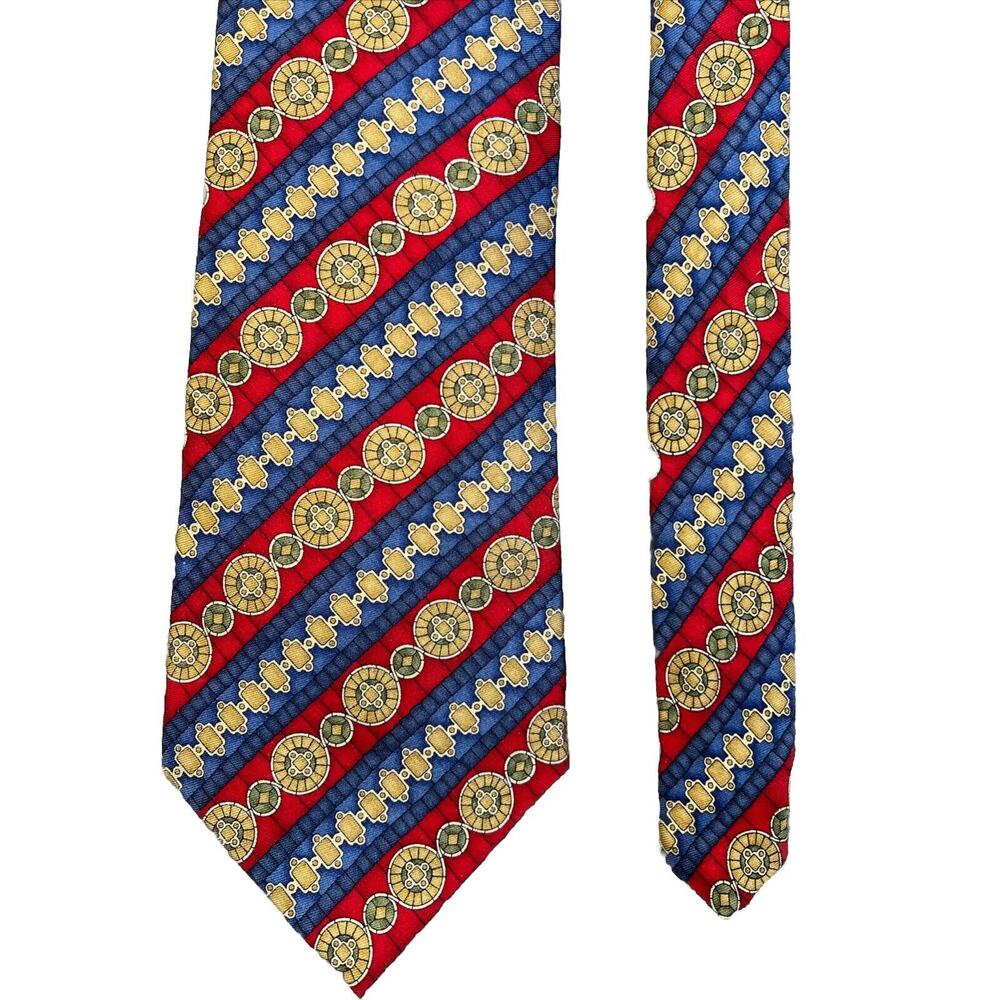 Metropolitan Museum Of Art Tie Silk Red Blue Gold Medallion Stripe Print 4"x58"